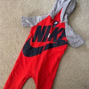 Nike Infant Red and Gray Hooded Romper
